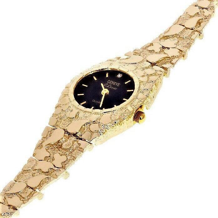 Women's Watch 10k Yellow Gold Nugget Link Bracelet Geneve Wrist Watch with Diamond 7 25.9 grams - Jewelry Store by Erik Rayo