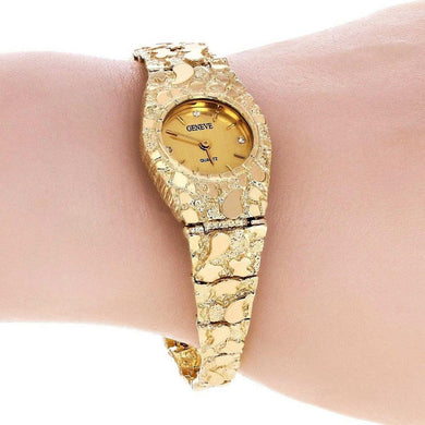 Women's Watch 10k Yellow Gold Nugget Link Bracelet Geneve Wrist Watch with Diamonds 7 25.9 grams - Jewelry Store by Erik Rayo