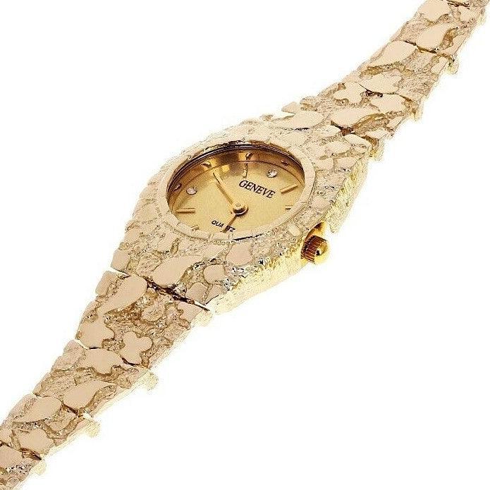 Women's Watch 10k Yellow Gold Nugget Link Bracelet Geneve Wrist Watch with Diamonds 7 25.9 grams - Jewelry Store by Erik Rayo