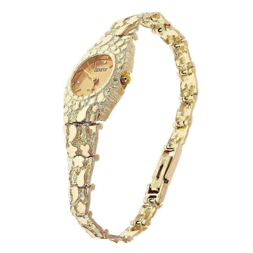 Women's Watch 10k Yellow Gold Nugget Link Bracelet Geneve Wrist Watch with Diamonds 7 25.9 grams - Jewelry Store by Erik Rayo