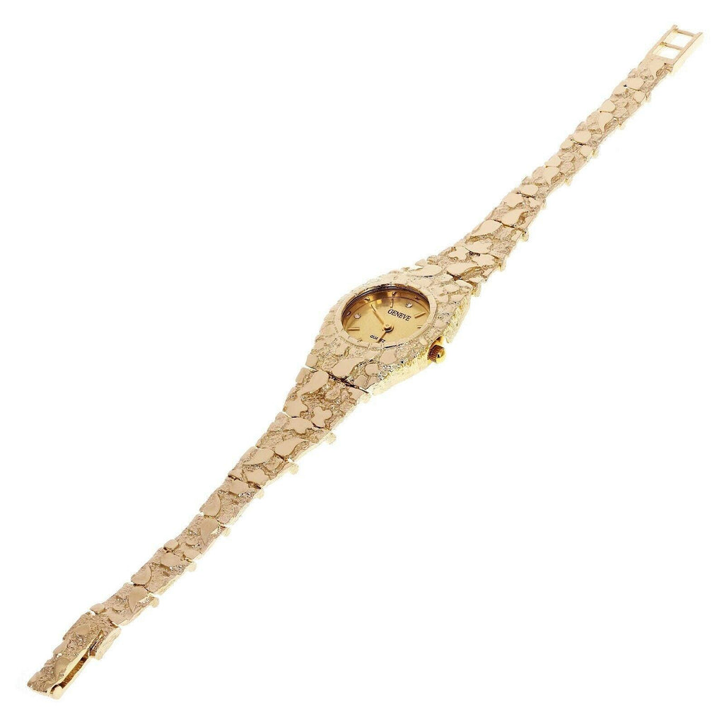 Women's Watch 10k Yellow Gold Nugget Link Bracelet Geneve Wrist Watch with Diamonds 7 25.9 grams - Jewelry Store by Erik Rayo
