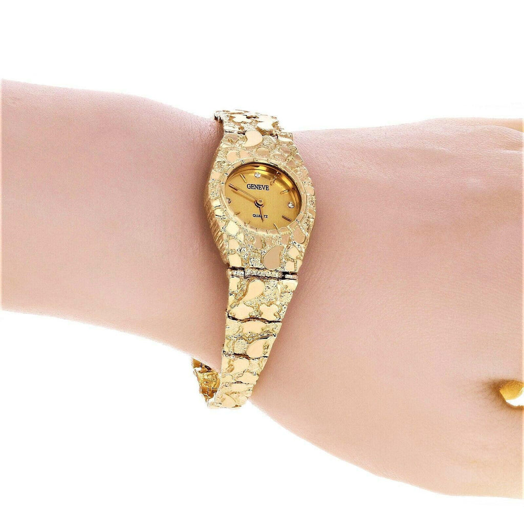 Women's Watch 10k Yellow Gold Nugget Link Bracelet Geneve Wrist Watch with Diamonds 7 25.9 grams - Jewelry Store by Erik Rayo