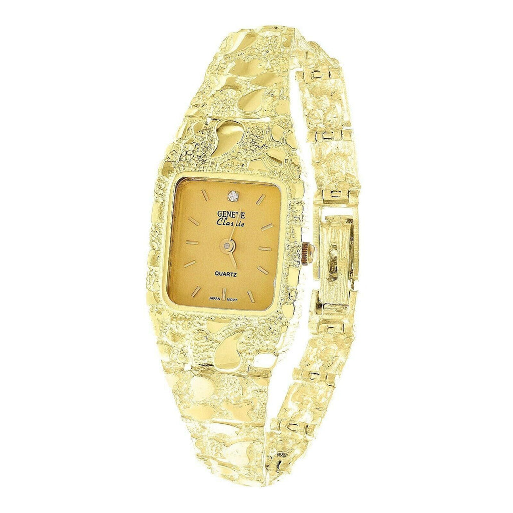 Women's Watch 14k Yellow Gold Nugget Link Bracelet Geneve Diamond Wrist Watch 7.5 31 grams - Jewelry Store by Erik Rayo
