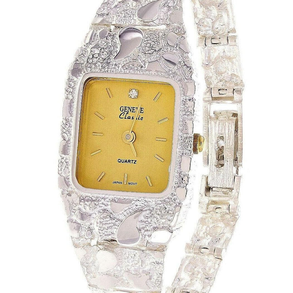 Women's Watch 925 Sterling Silver Nugget Link Geneve Diamond Wrist Watch 6.5-7 24.7g - Jewelry Store by Erik Rayo