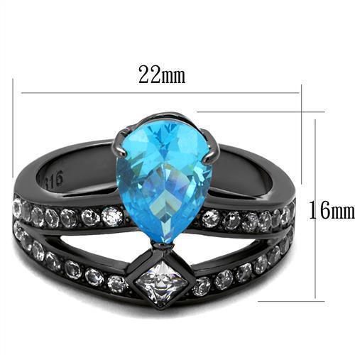 Womens Black Aquamarine Ring Anillo Para Mujer 316L Stainless Steel Ring with AAA Grade CZ in Sea Blue Youra - Jewelry Store by Erik Rayo