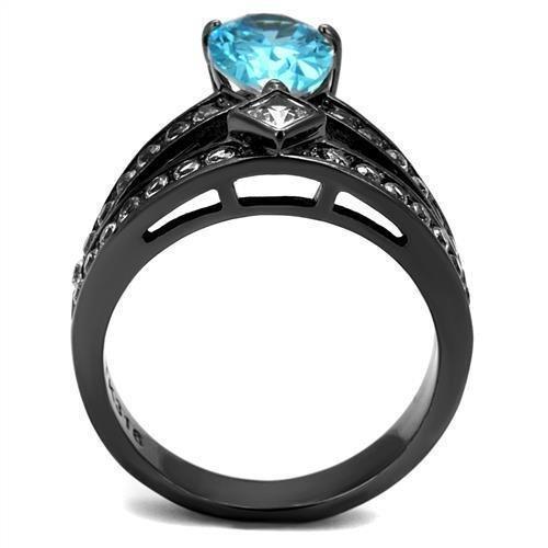 Womens Black Aquamarine Ring Anillo Para Mujer 316L Stainless Steel Ring with AAA Grade CZ in Sea Blue Youra - Jewelry Store by Erik Rayo