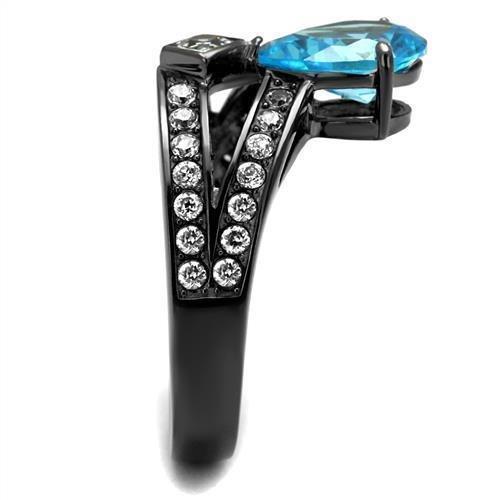 Womens Black Aquamarine Ring Anillo Para Mujer 316L Stainless Steel Ring with AAA Grade CZ in Sea Blue Youra - Jewelry Store by Erik Rayo