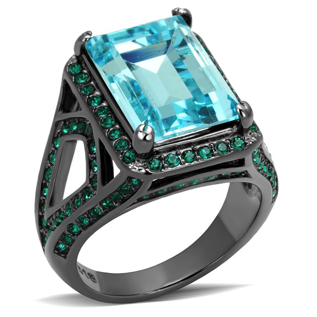 Womens Black Aquamarine Ring Anillo Para Mujer 316L Stainless Steel Ring with Top Grade Crystal in Sea Blue Alima - Jewelry Store by Erik Rayo