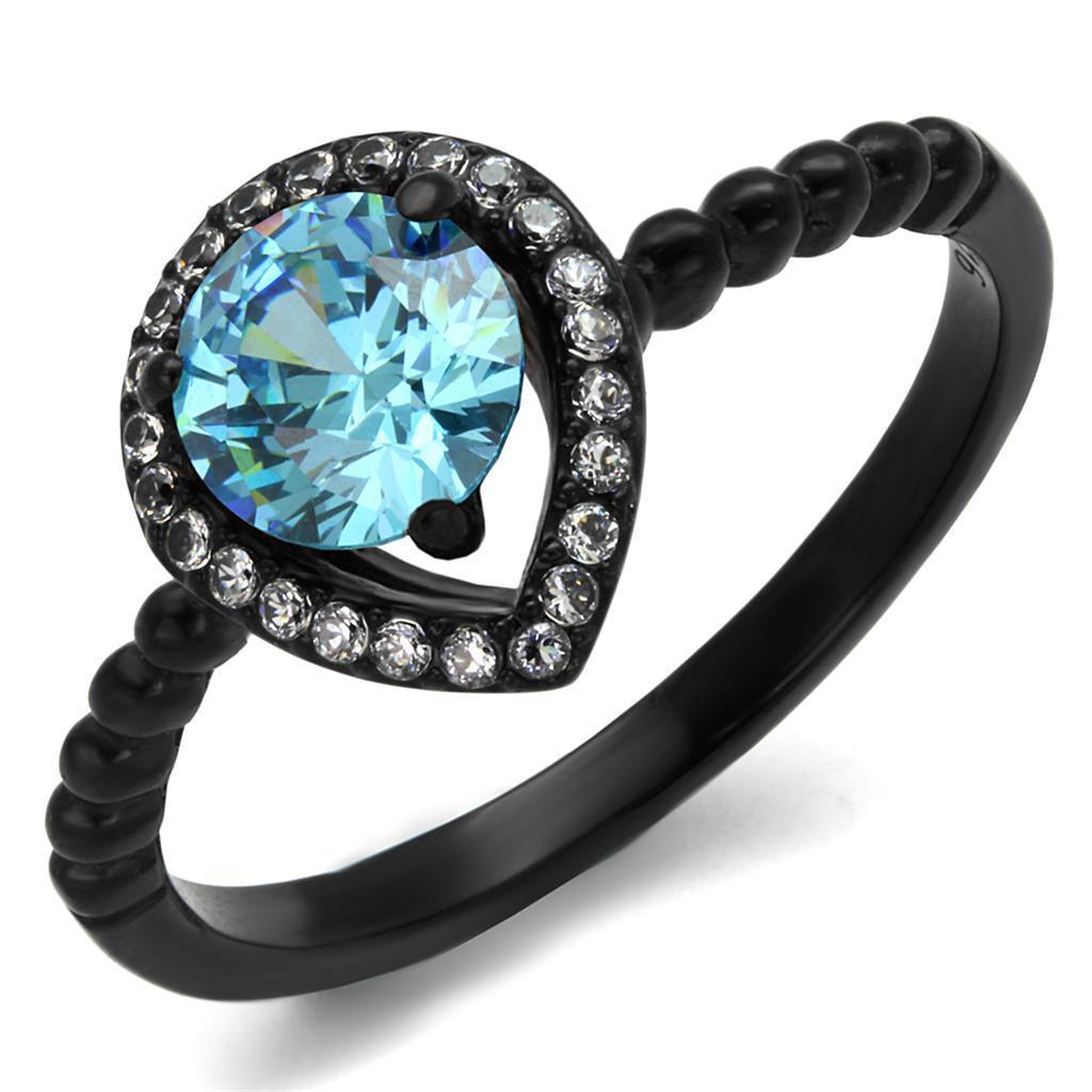 Womens Black Aquamarine Ring Anillo Para Mujer 316L Stainless Steel Ring with AAA Grade CZ in Sea Blue Harriet - Jewelry Store by Erik Rayo