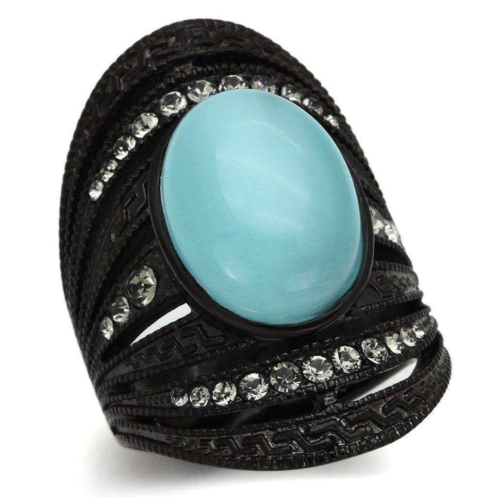 Womens Black Aquamarine Ring Anillo Para Mujer 316L Stainless Steel Ring with Synthetic Cat Eye in Sea Blue Faenza - Jewelry Store by Erik Rayo