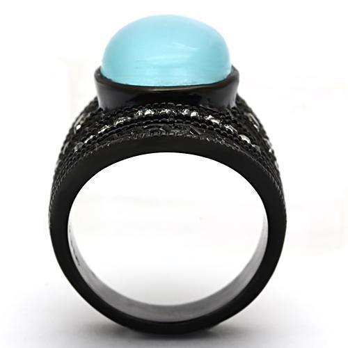 Womens Black Aquamarine Ring Anillo Para Mujer 316L Stainless Steel Ring with Synthetic Cat Eye in Sea Blue Faenza - Jewelry Store by Erik Rayo
