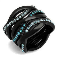 Load image into Gallery viewer, Womens Black Aquamarine Ring Anillo Para Mujer y Ninos Unisex Kids 316L Stainless Steel Ring with Top Grade Crystal in Sea Blue Delphine - Jewelry Store by Erik Rayo
