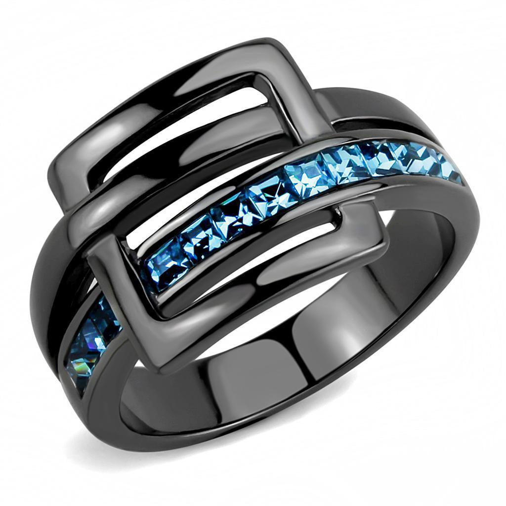 Womens Black Aquamarine Ring Anillo Para Mujer 316L Stainless Steel Ring with Top Grade Crystal in Sea Blue - Jewelry Store by Erik Rayo
