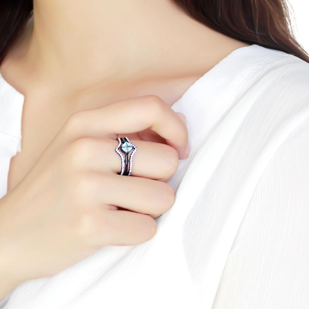 Black Aquamarine Rings for Women Anillo Para Mujer Stainless Steel Ring with AAA Grade CZ Sea Blue - Jewelry Store by Erik Rayo
