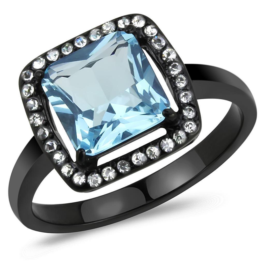 Womens Black Aquamarine Ring Princess Cut Anillo Para Mujer 316L Stainless Steel Ring with Glass Sea Blue - Jewelry Store by Erik Rayo