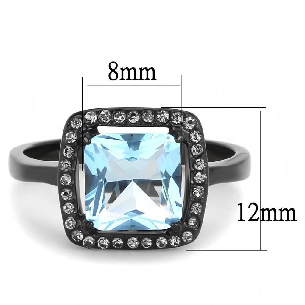 Womens Black Aquamarine Ring Princess Cut Anillo Para Mujer 316L Stainless Steel Ring with Glass Sea Blue - Jewelry Store by Erik Rayo