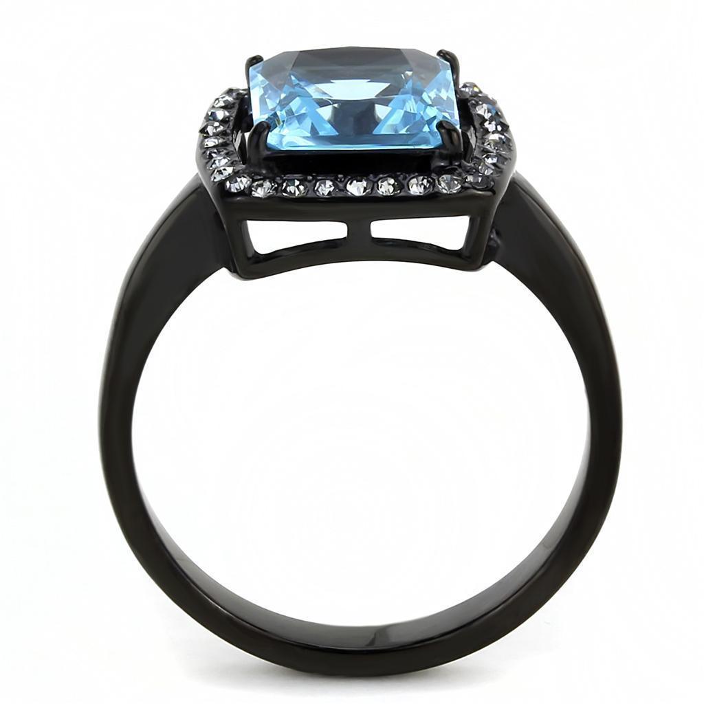 Womens Black Aquamarine Ring Princess Cut Anillo Para Mujer 316L Stainless Steel Ring with Glass Sea Blue - Jewelry Store by Erik Rayo