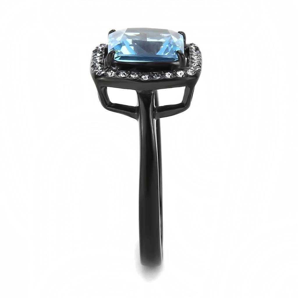 Womens Black Aquamarine Ring Princess Cut Anillo Para Mujer 316L Stainless Steel Ring with Glass Sea Blue - Jewelry Store by Erik Rayo