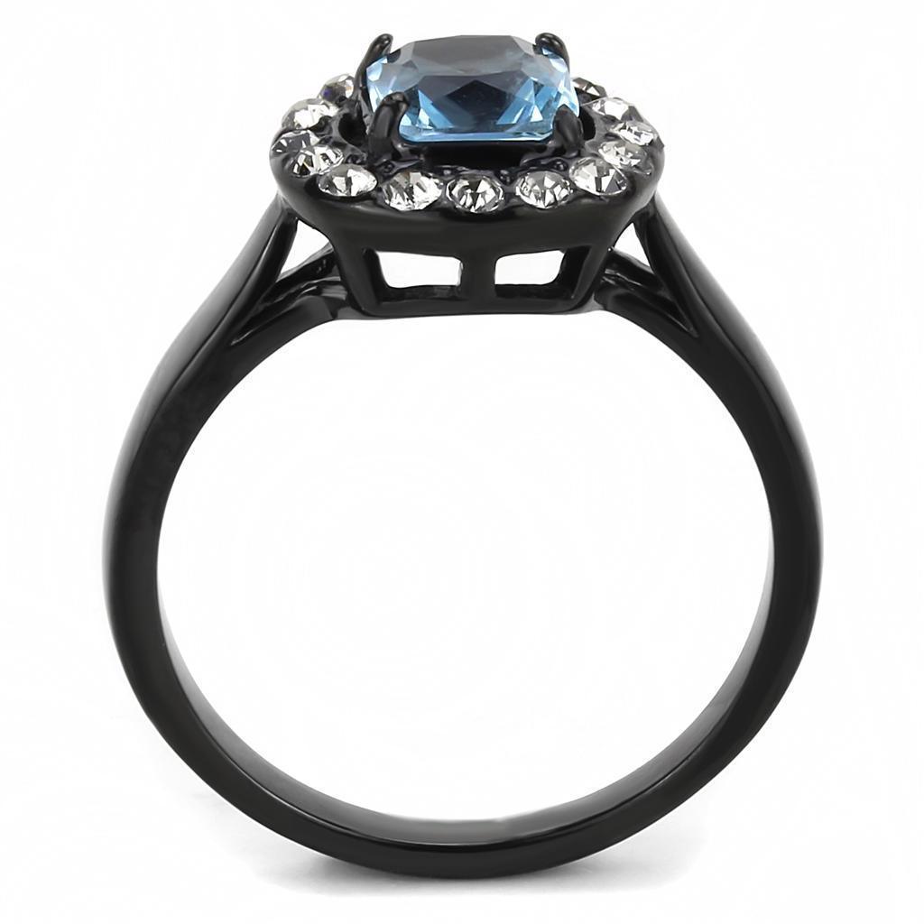 Womens Black Aquamarine Ring Princess Cut Squared Anillo Para Mujer 316L Stainless Steel Ring with Glass in Sea Blue - Jewelry Store by Erik Rayo