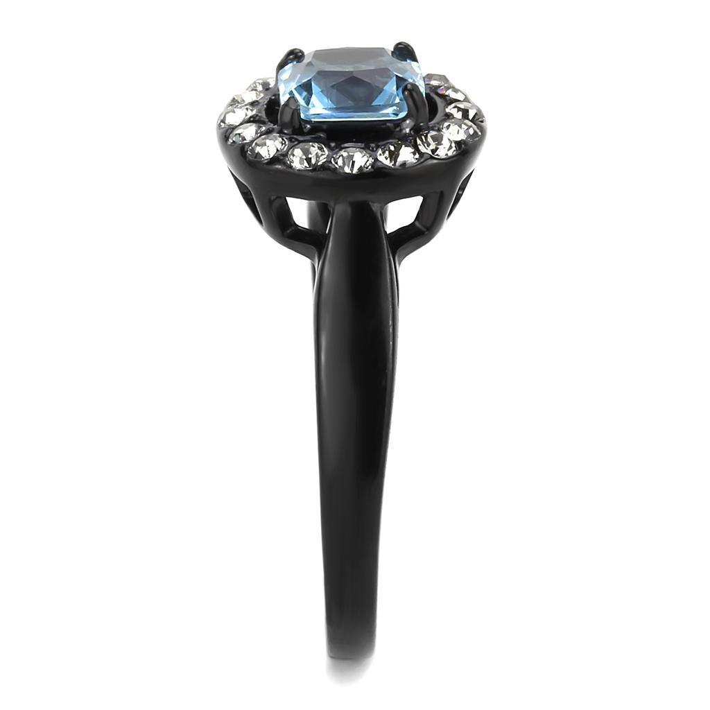 Black Aquamarine Rings for Women Princess Cut Squared Anillo Para Mujer Stainless Steel Ring with Glass in Sea Blue - Jewelry Store by Erik Rayo