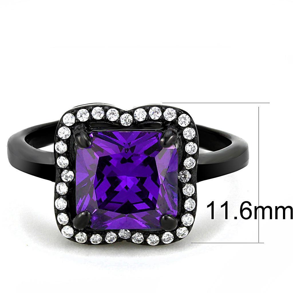 Womens Black Purple Ring Squared Anillo Para Mujer 316L Stainless Steel Ring with AAA Grade CZ in Amethyst Venosa - Jewelry Store by Erik Rayo