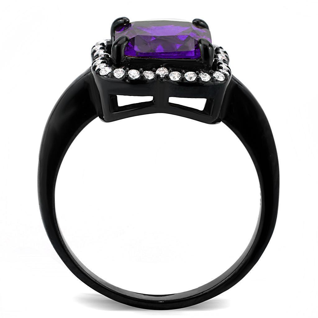 Womens Black Purple Ring Squared Anillo Para Mujer 316L Stainless Steel Ring with AAA Grade CZ in Amethyst Venosa - Jewelry Store by Erik Rayo