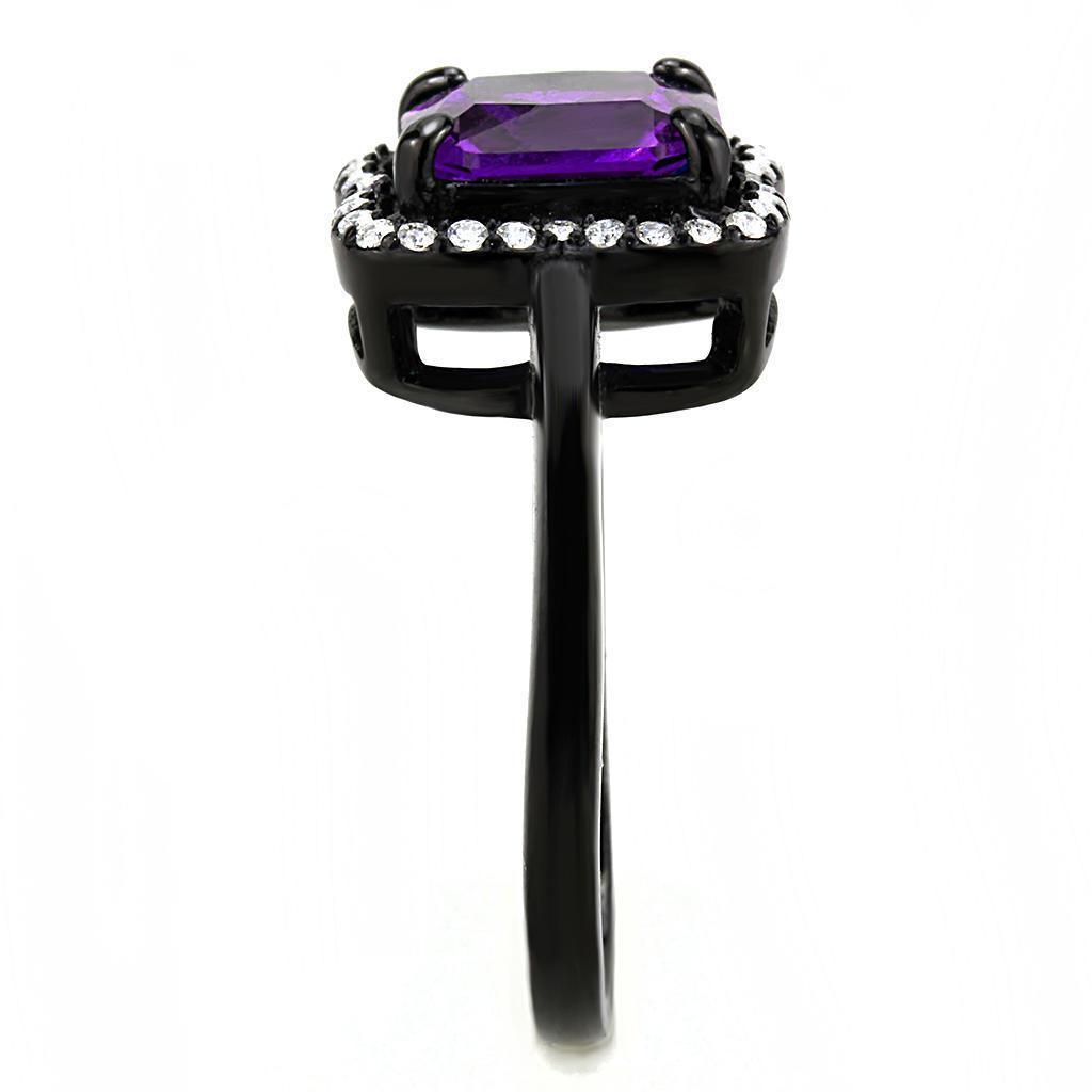 Womens Black Purple Ring Squared Anillo Para Mujer 316L Stainless Steel Ring with AAA Grade CZ in Amethyst Venosa - Jewelry Store by Erik Rayo
