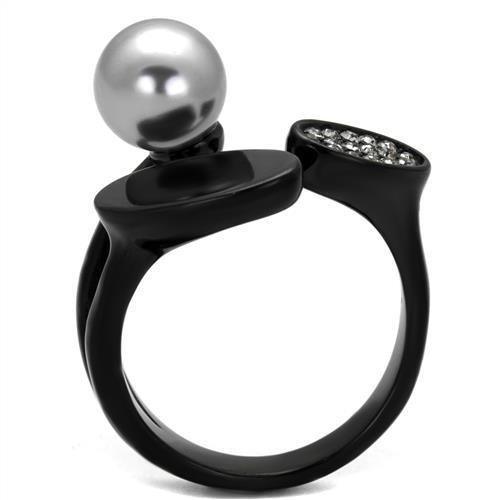 Womens Black Ring Anillo Para Mujer 316L Stainless Steel Ring with Synthetic Pearl in Gray Desemona - Jewelry Store by Erik Rayo