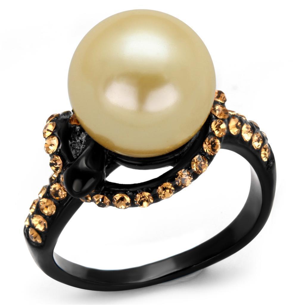 Womens Black Ring Anillo Para Mujer 316L Stainless Steel Ring with Synthetic Pearl in Topaz Gwendyolyn - Jewelry Store by Erik Rayo
