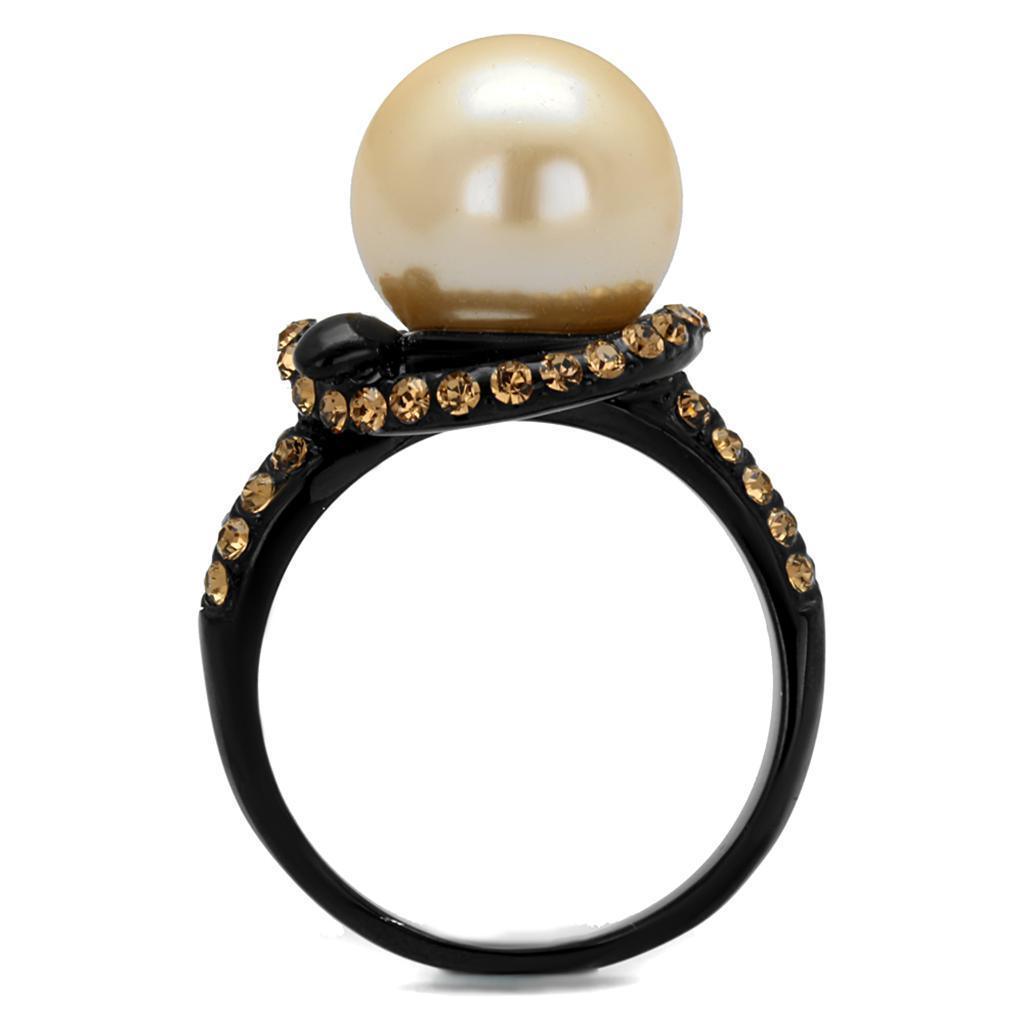 Womens Black Ring Anillo Para Mujer 316L Stainless Steel Ring with Synthetic Pearl in Topaz Gwendyolyn - Jewelry Store by Erik Rayo