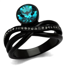 Load image into Gallery viewer, Womens Black Ring Anillo Para Mujer y Ninos Unisex Kids 316L Stainless Steel Ring with Top Grade Crystal in Blue Zircon Catrina - Jewelry Store by Erik Rayo
