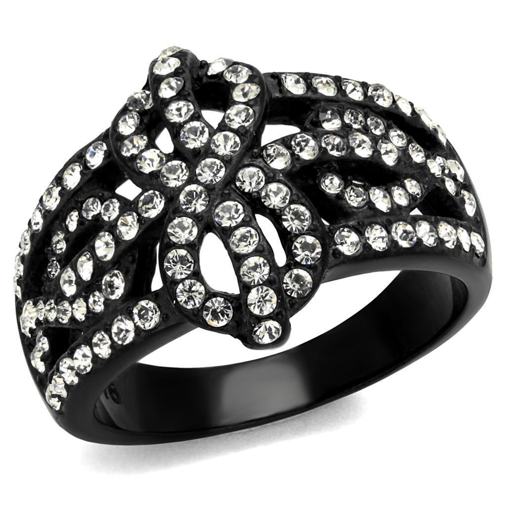 Womens Black Ring Anillo Para Mujer 316L Stainless Steel Ring with Top Grade Crystal in Clear Evelyn - Jewelry Store by Erik Rayo