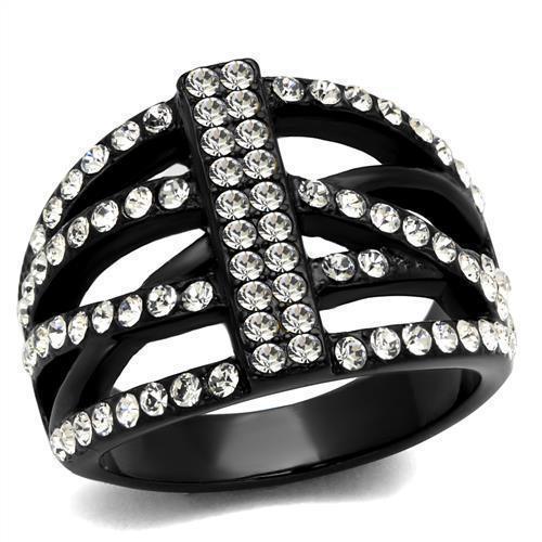Womens Black Ring Anillo Para Mujer 316L Stainless Steel Ring with Top Grade Crystal in Clear Vivienne - Jewelry Store by Erik Rayo