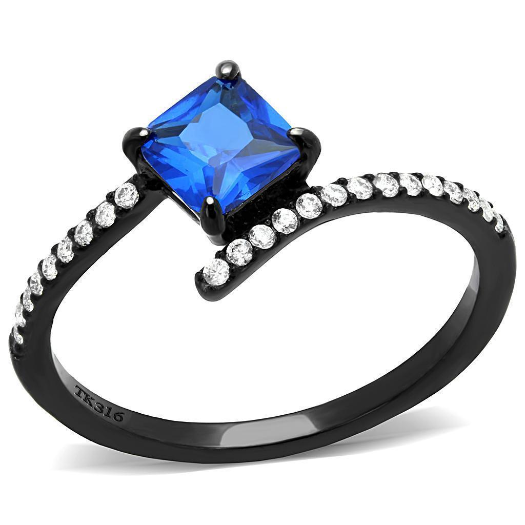 Womens Black Ring Blue Petite Anillo Para Mujer 316L Stainless Steel Ring with Synthetic Spinel in London Blue Potenza - Jewelry Store by Erik Rayo