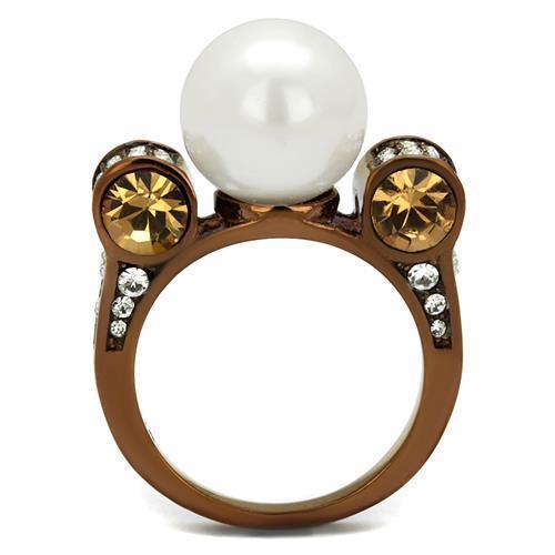 Womens Coffee Brown Ring Anillo Cafe Para Mujer 316L Stainless Steel with Synthetic Pearl in White Mirandola - Jewelry Store by Erik Rayo