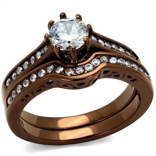 Womens Coffee Brown Ring Anillo Cafe Para Mujer Stainless Steel with AAA Grade CZ in Clear Avezzano - Jewelry Store by Erik Rayo