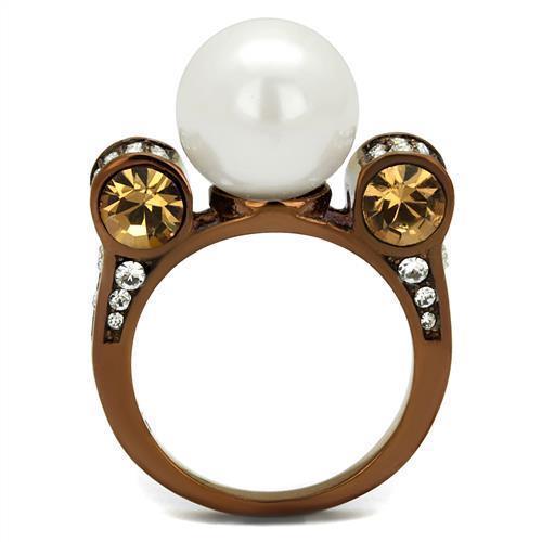 Coffee Brown Rings for Women Anillo Cafe Para Mujer Stainless Steel with Synthetic Pearl in White Mirandola - Jewelry Store by Erik Rayo