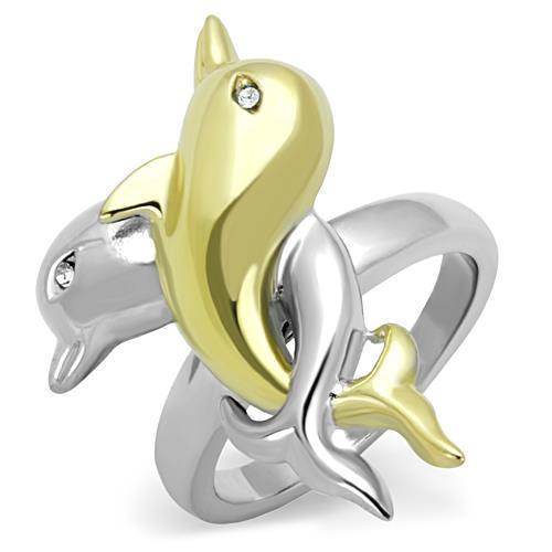 Womens Dolphins Ring Two Tone Anillo Para Mujer 316L Stainless Steel Ring with Top Grade Crystal in Clear - Jewelry Store by Erik Rayo