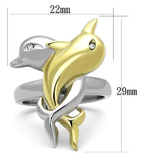 Womens Dolphins Ring Two Tone Anillo Para Mujer 316L Stainless Steel Ring with Top Grade Crystal in Clear - Jewelry Store by Erik Rayo