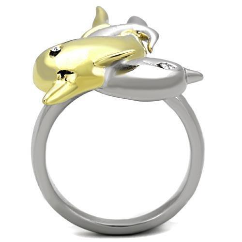 Womens Dolphins Ring Two Tone Anillo Para Mujer 316L Stainless Steel Ring with Top Grade Crystal in Clear - Jewelry Store by Erik Rayo