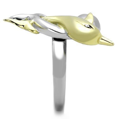 Womens Dolphins Ring Two Tone Anillo Para Mujer 316L Stainless Steel Ring with Top Grade Crystal in Clear - Jewelry Store by Erik Rayo