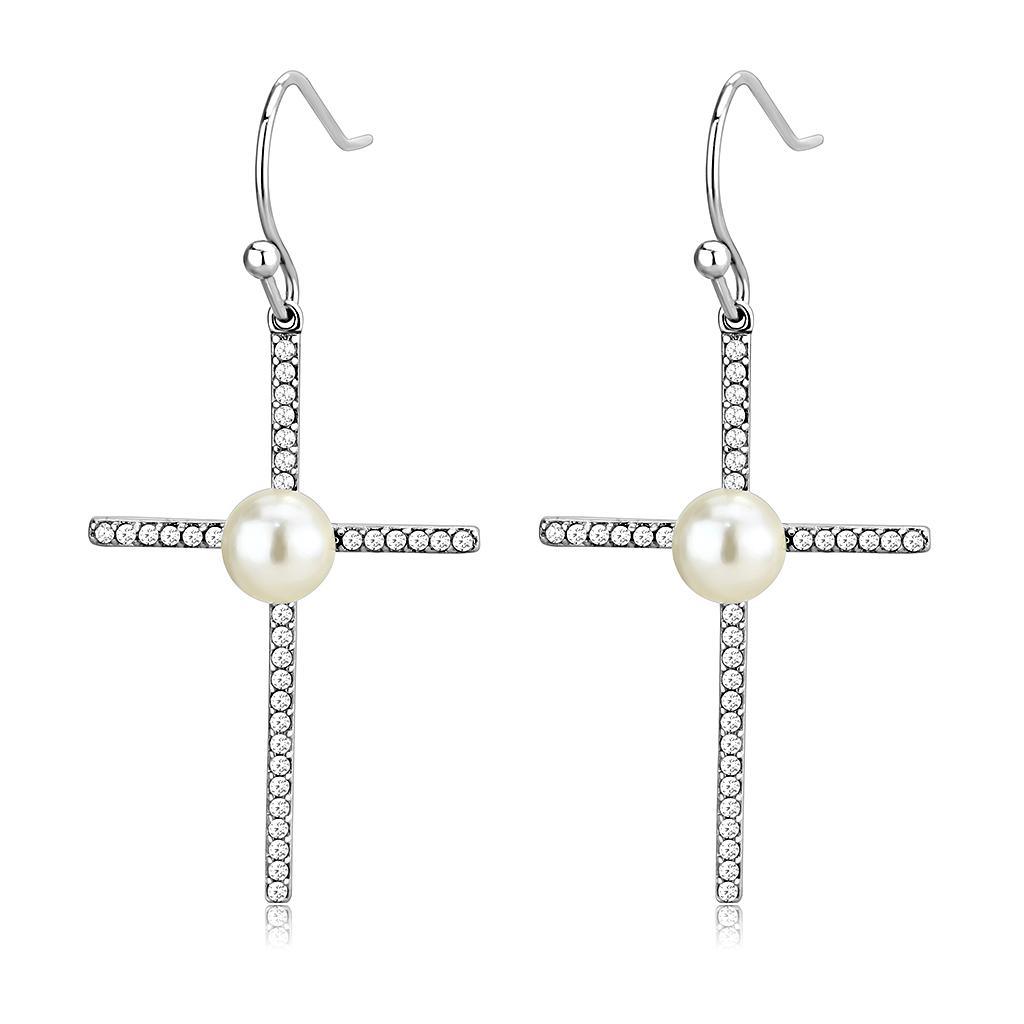 Womens Earrings High Polished Silver (No Plating) Stainless Steel with Synthetic Pearl in White - Jewelry Store by Erik Rayo