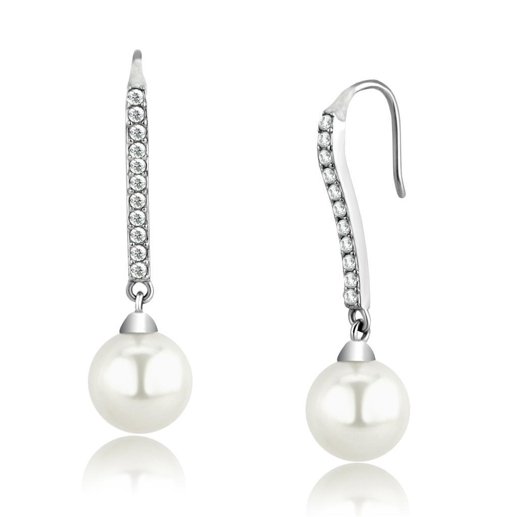 Womens Earrings High Polished Silver (No Plating) Stainless Steel with Synthetic Pearl in White - Jewelry Store by Erik Rayo