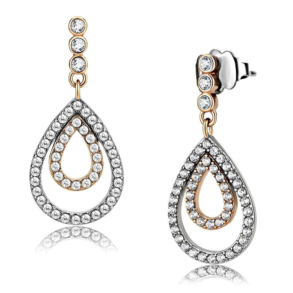 Womens Earrings Two Tone Rose Gold Stainless Steel with AAA Grade CZ - Jewelry Store by Erik Rayo