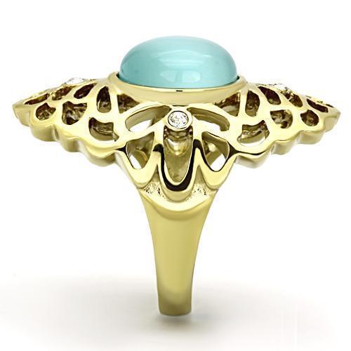 Womens Gold Ring 316L Stainless Steel Anillo Color Oro Para Mujer Ninas Acero Inoxidable with Synthetic Cat Eye in Light Sapphire Prisca - Jewelry Store by Erik Rayo