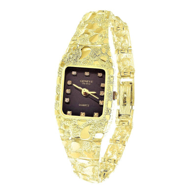 Womens Ladies 10k Yellow Gold Nugget Band Wrist Watch Geneve with Real Natural Diamonds 7-7.5 25.8g - Jewelry Store by Erik Rayo