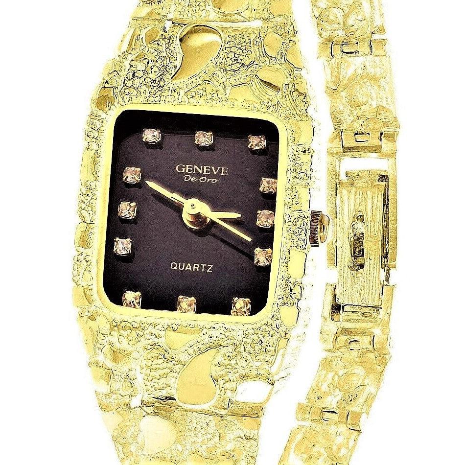 Womens Ladies 10k Yellow Gold Nugget Band Wrist Watch Geneve with Real Natural Diamonds 7-7.5 25.8g - Jewelry Store by Erik Rayo