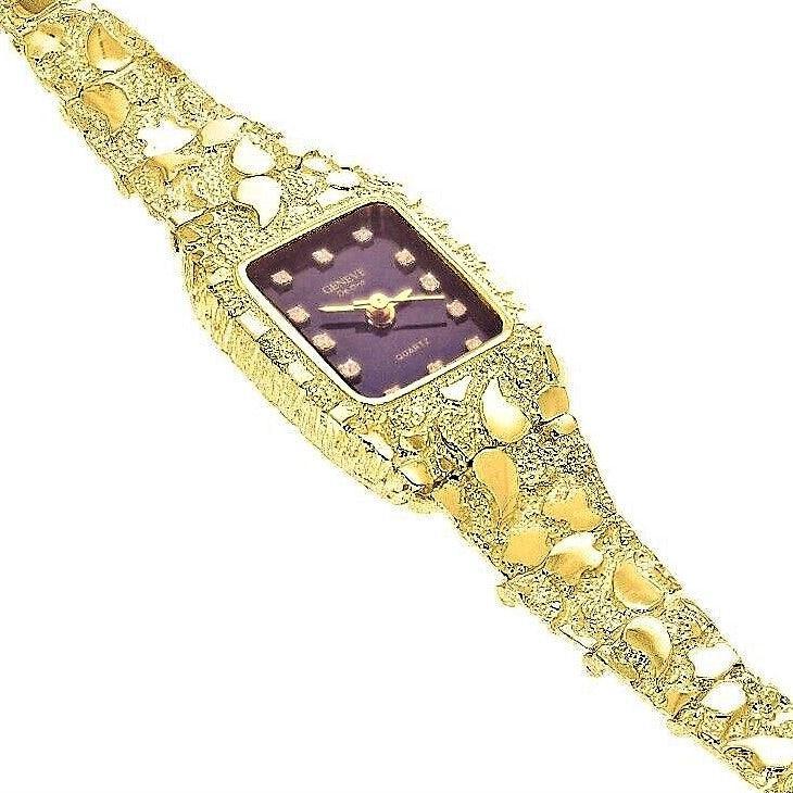 Womens Ladies 10k Yellow Gold Nugget Band Wrist Watch Geneve with Real Natural Diamonds 7-7.5 25.8g - Jewelry Store by Erik Rayo