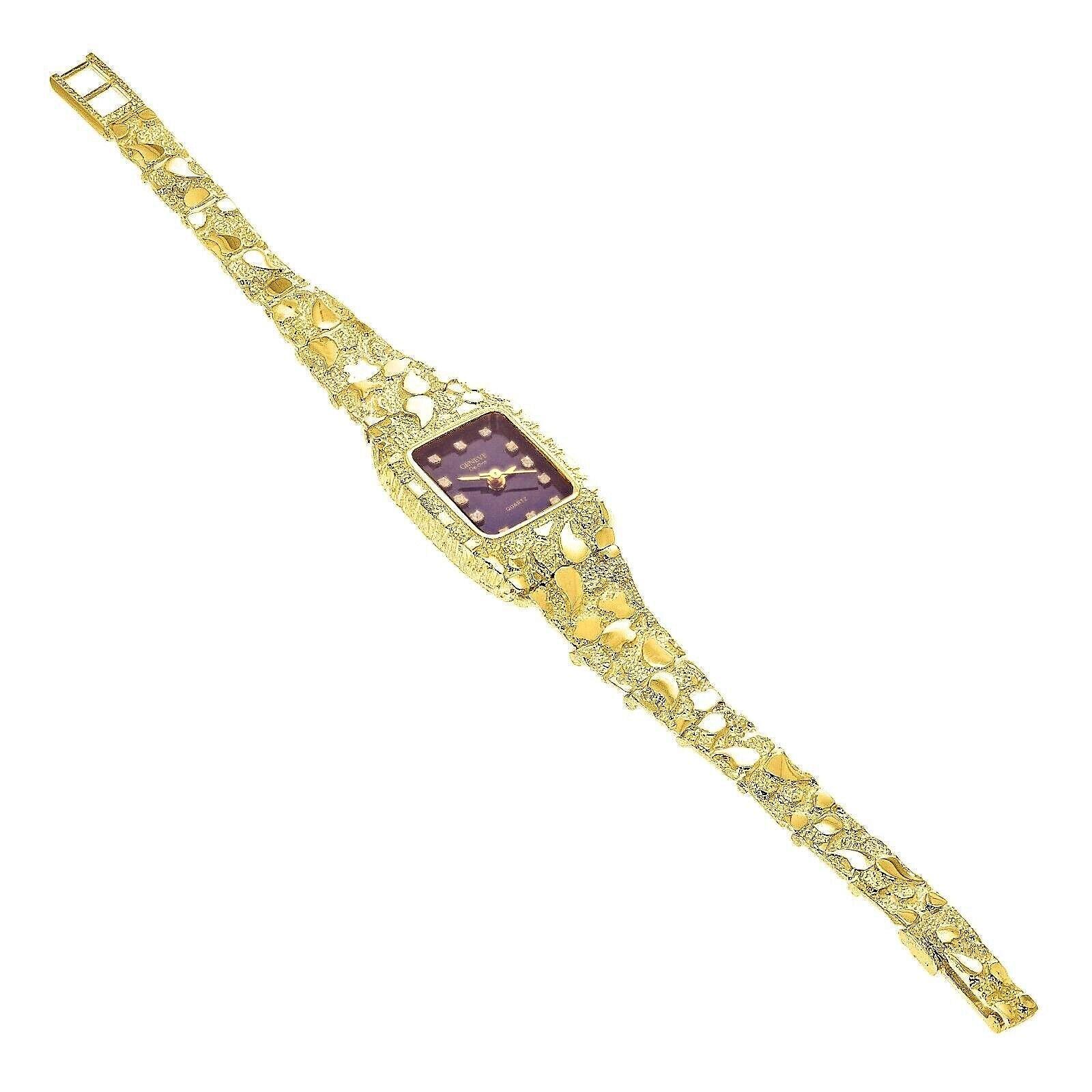 Womens Ladies 10k Yellow Gold Nugget Band Wrist Watch Geneve with Real Natural Diamonds 7-7.5 25.8g - Jewelry Store by Erik Rayo
