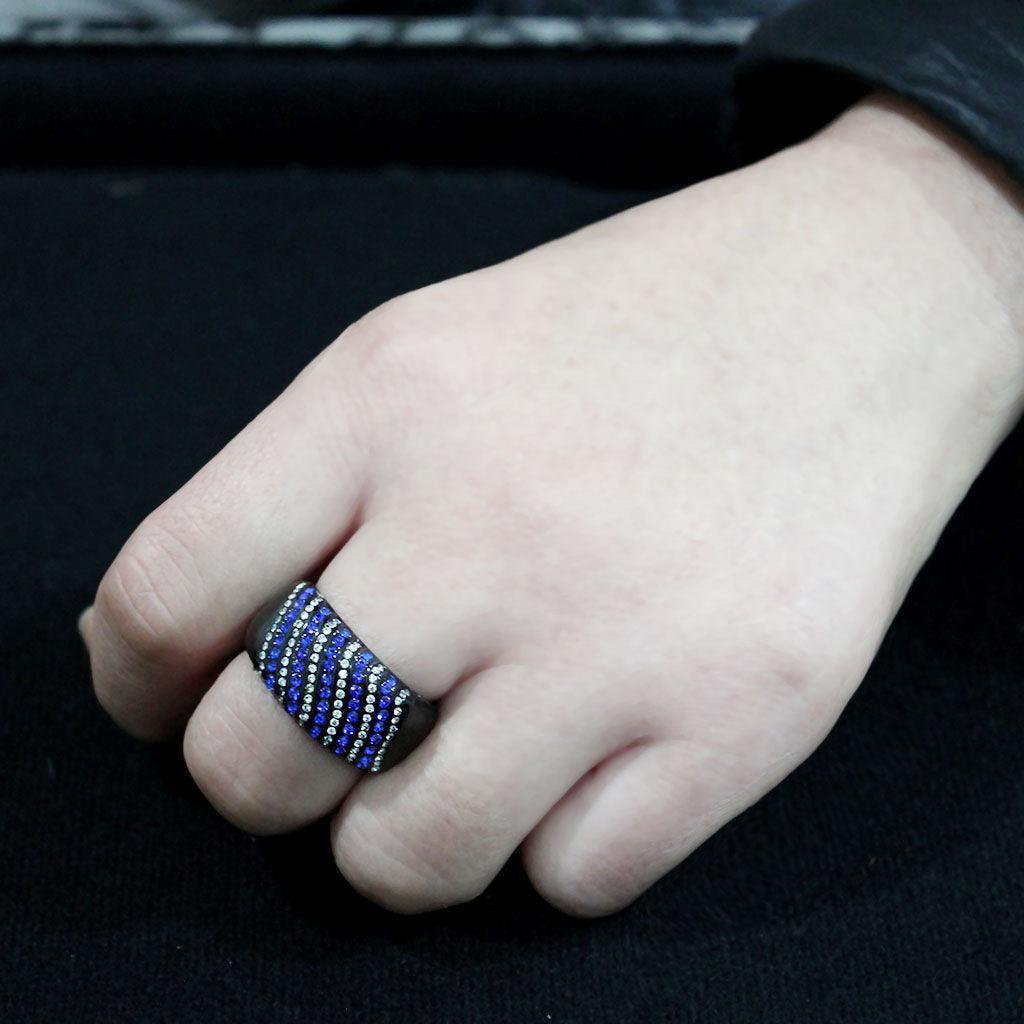 Womens Light Black Ring Anillo Para Mujer Stainless Steel Ring with AAA Grade CZ in Blue Daisy - Jewelry Store by Erik Rayo